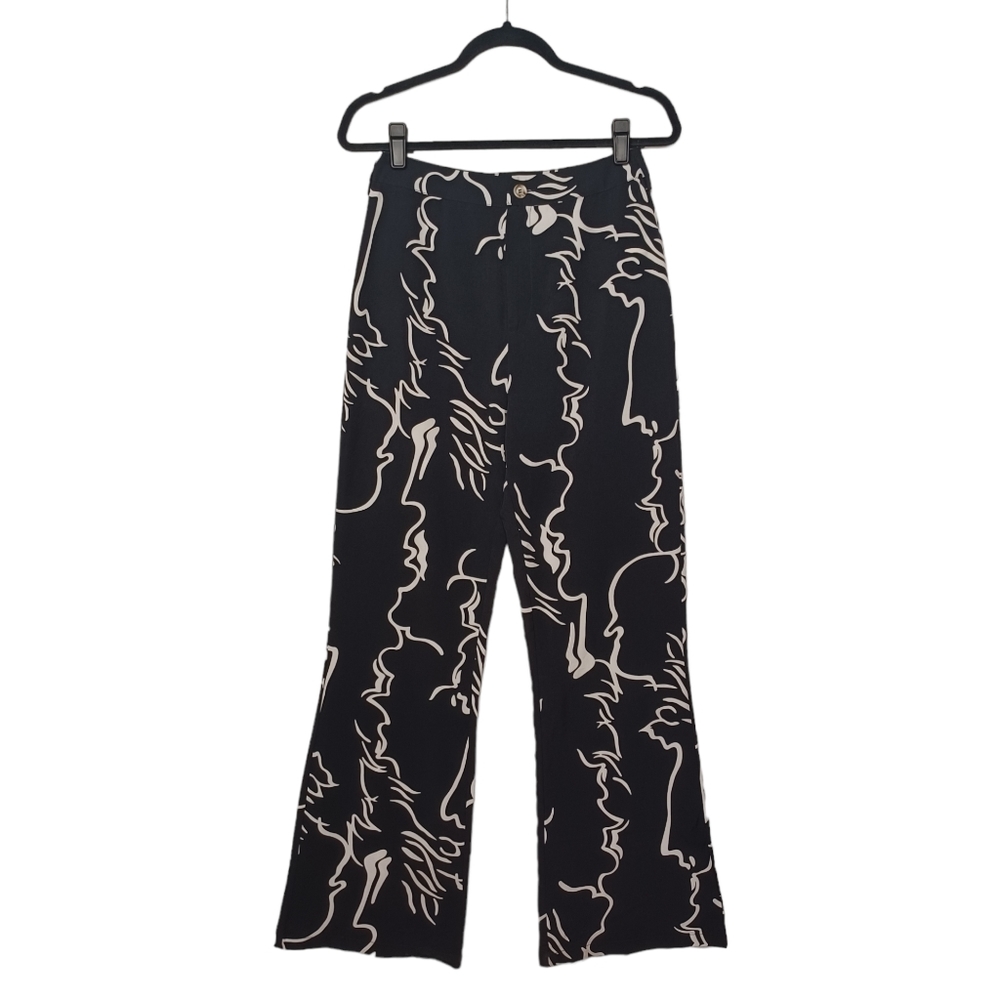 MILK & HONEY White Abstract Print Black Trouser Lightweight Pants Small